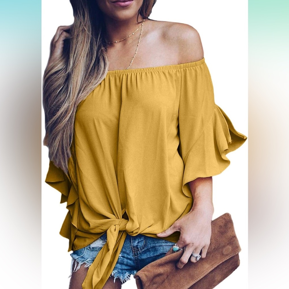 Gold/Yellow USUASID Off The Shoulder Top 3/4 Bell Sleeve Tie Knot Blouse
